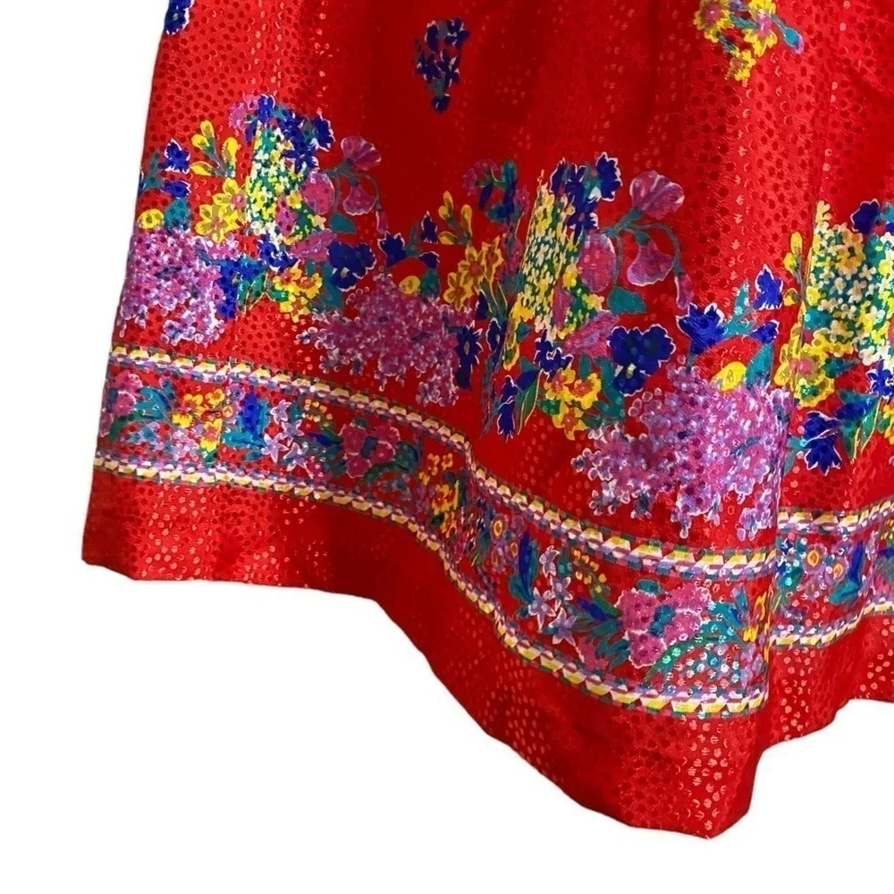 Handmade Red Shiny Polka Dot and Floral Midi Skirt